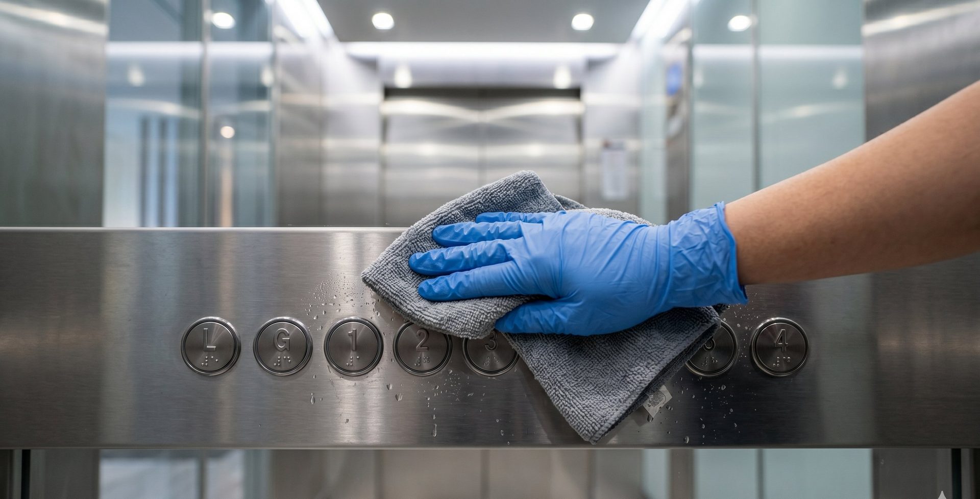 Désinfection professionnelle des boutons d'ascenseur en copropriété — main gantée et microfibre