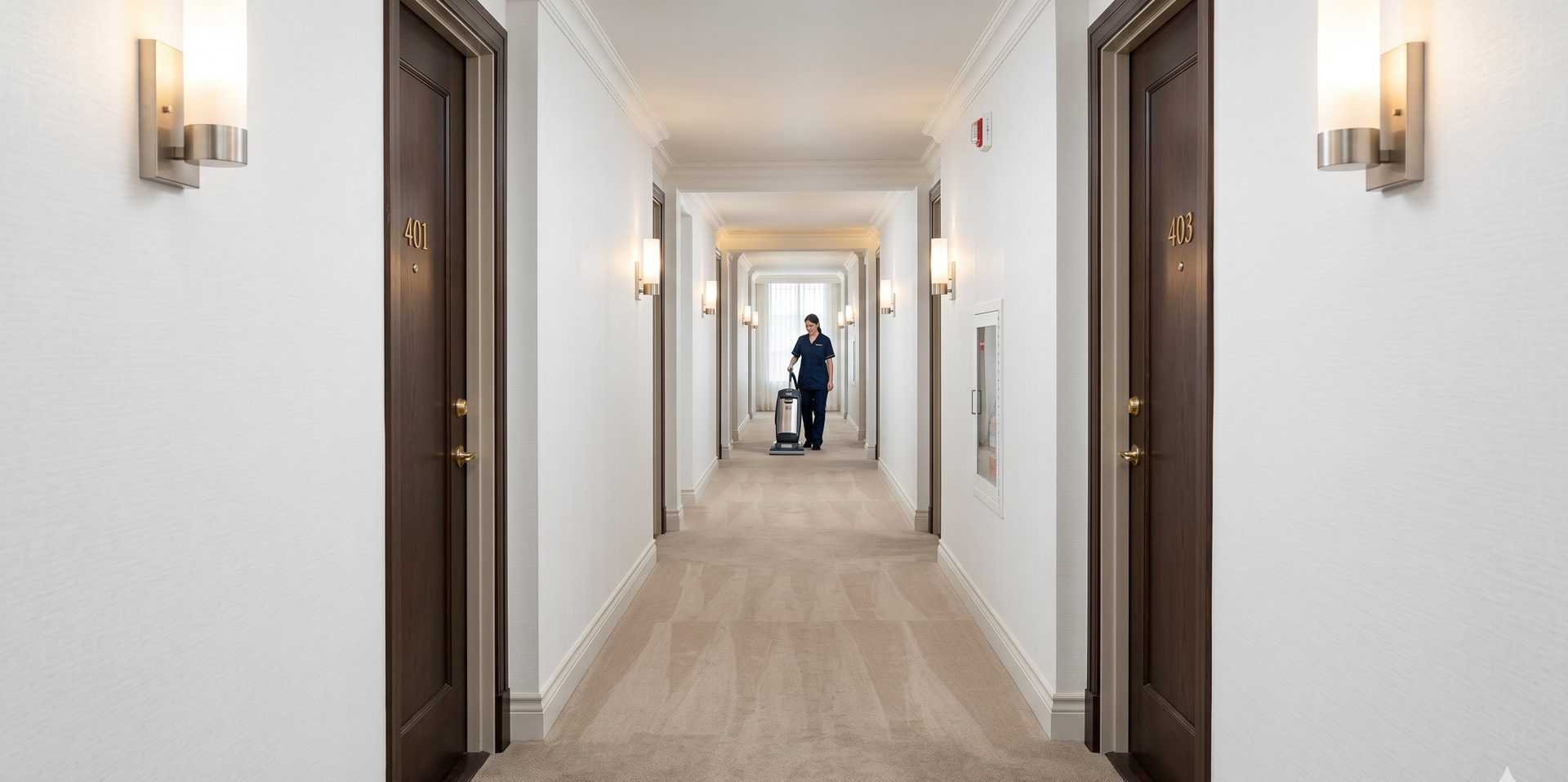 Corridor de copropriété propre avec tapis aspiré et éclairage mural — entretien GCC Montréal