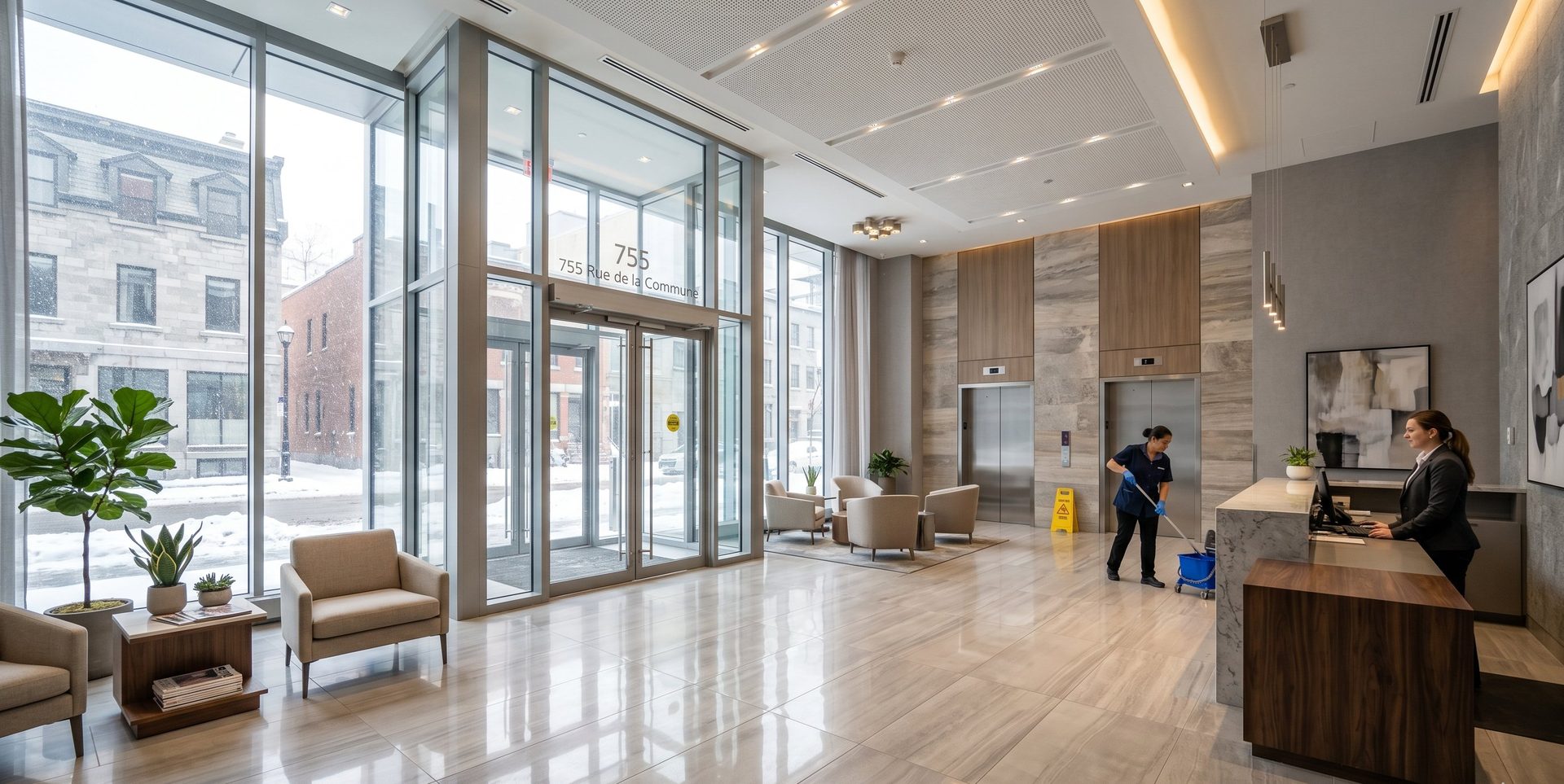 Hall d'entrée de copropriété propre et lumineux à Montréal en hiver — entretien aires communes GCC
