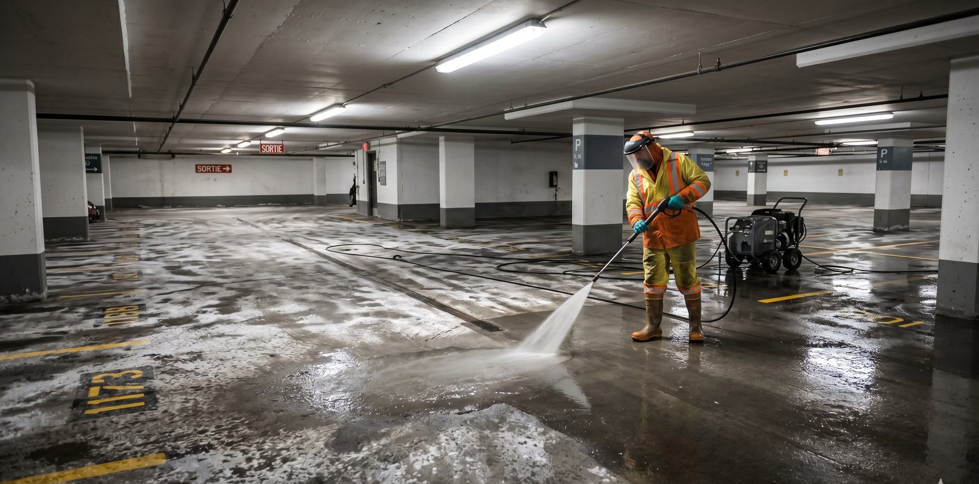 Lavage à pression d'un stationnement intérieur de copropriété à Montréal au printemps