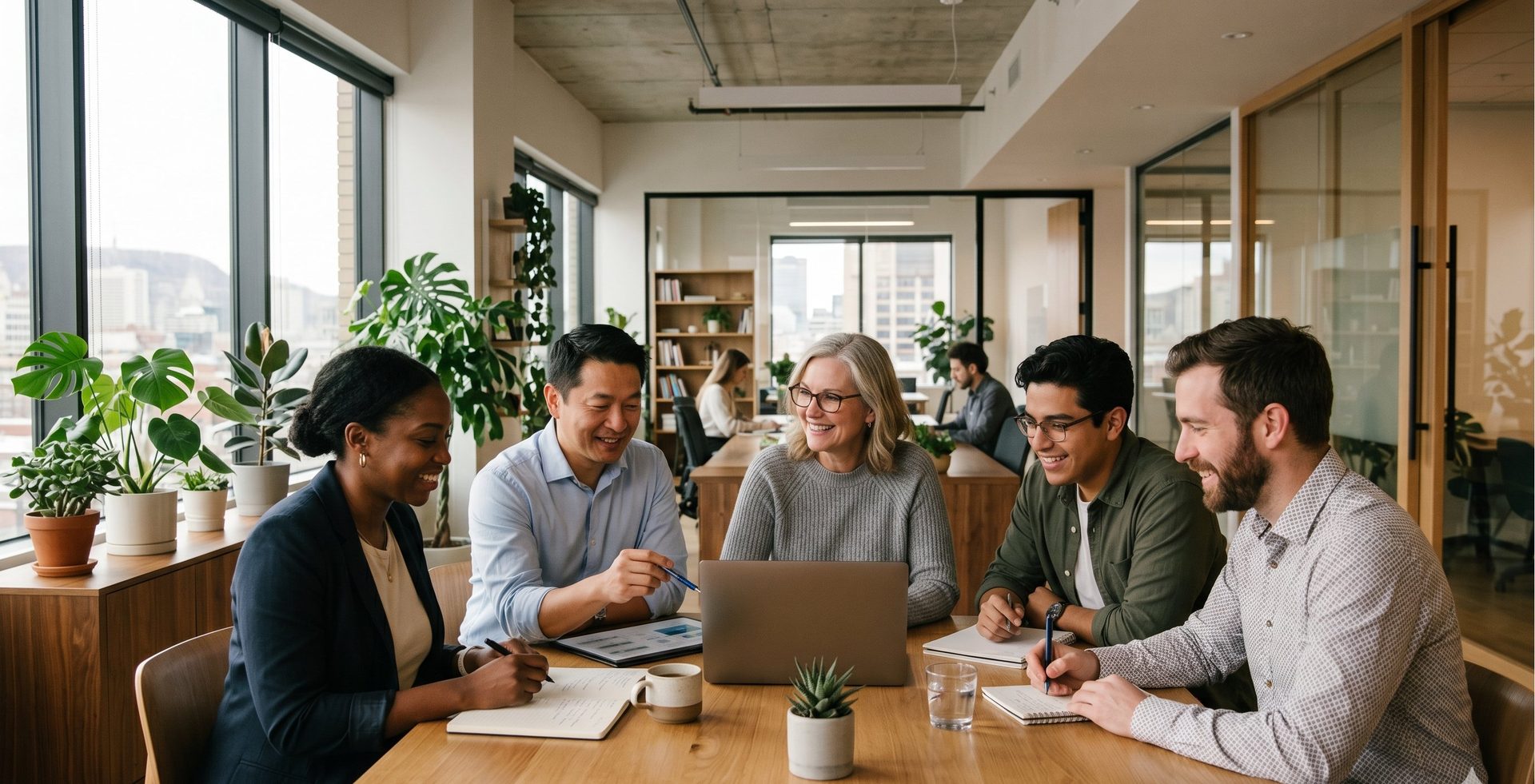 Equipe au travail dans un bureau propre et lumineux a Montreal — productivite GCC Entretien