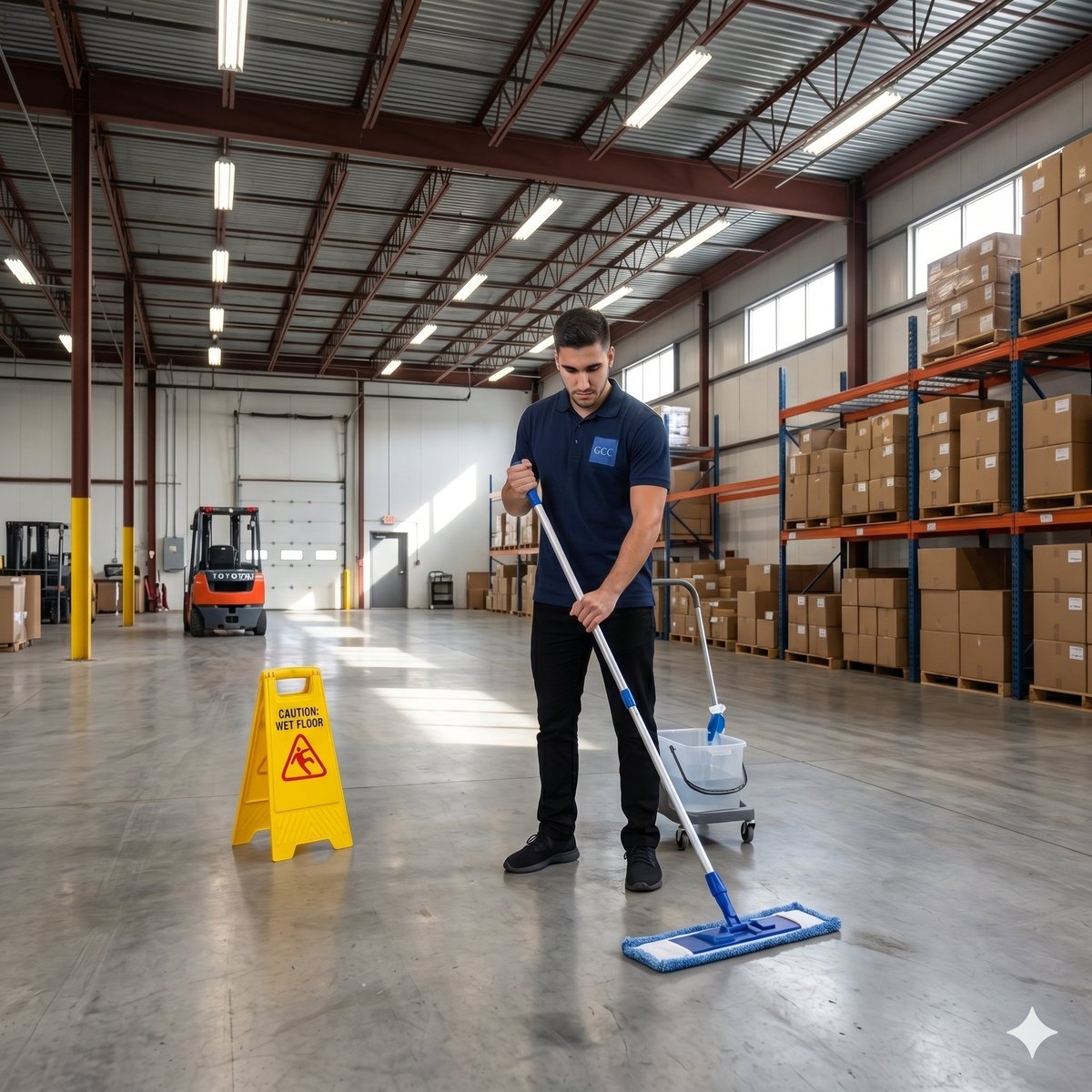 Technicien GCC nettoyant un entrepôt industriel avec mop et signalisation de sécurité