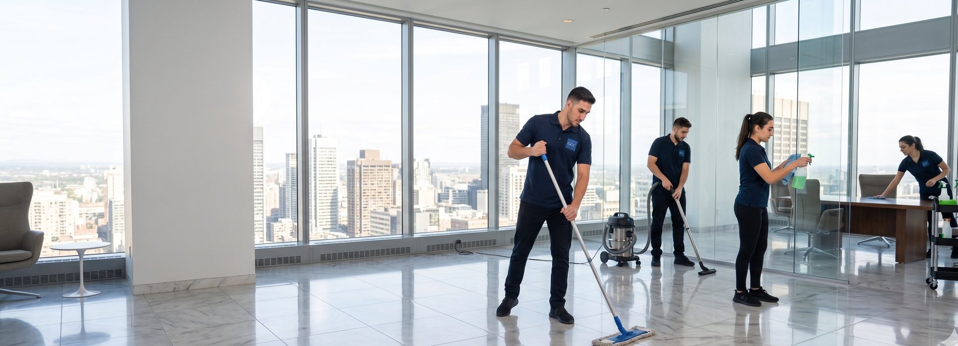Équipe GCC Entretien nettoyant des bureaux corporatifs à Montréal avec vue panoramique sur la ville